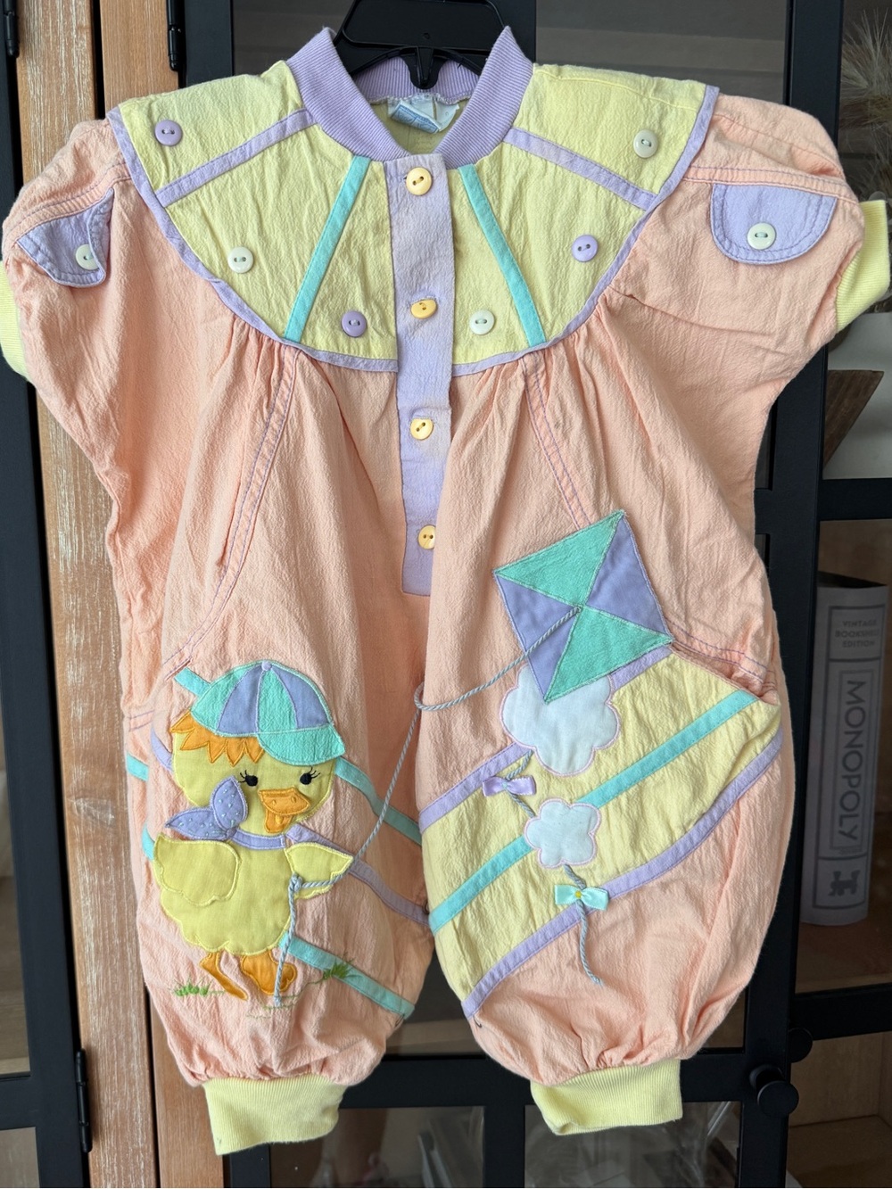 Vintage 90s romper embroidered applique duck kite bubble pastel peach baby girl